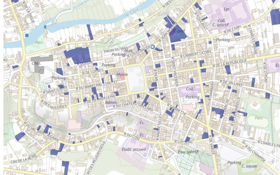 Carte des parcelles en vacance de longue durée dans le centre de Châteaudun