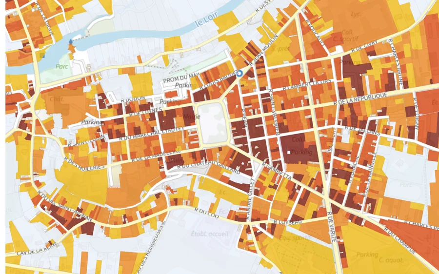 Carte de l'exposition à l'îlot de chaleur urbain dans le centre de Châteaudun