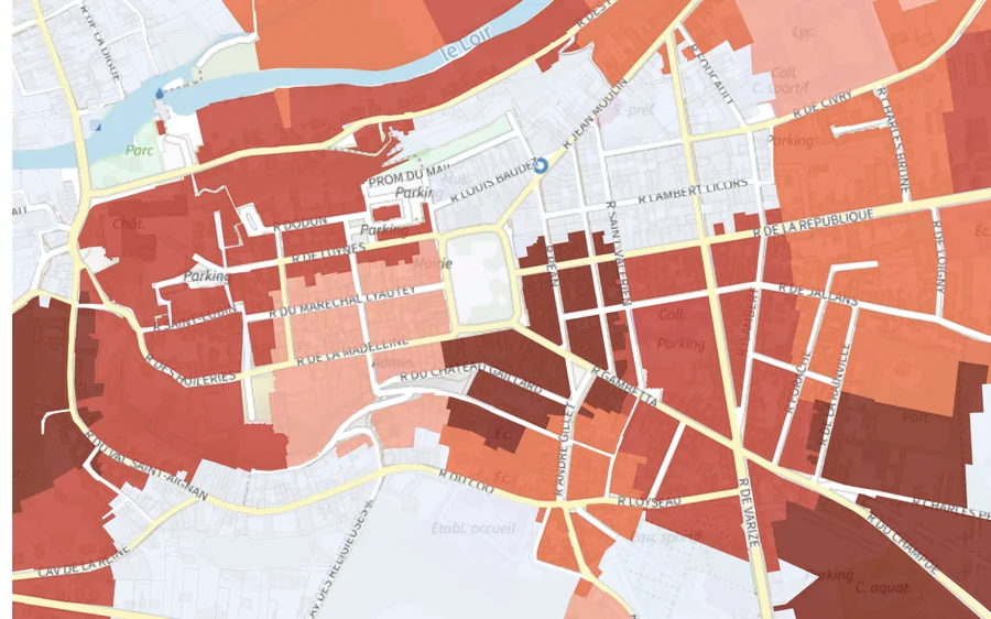 Carte du taux de pauvreté par carreau dans le centre de Châteaudun